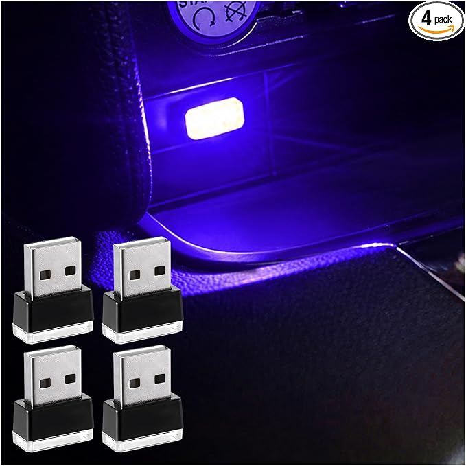 Augeny 4 PCS USB LED Car Interior Atmosphere Lamp, Plug-in USB Decor Night Light, Portable Auto Ambient Lighting Kit, Universal Vehicle Interior Accessories for Most Cars (Blue)