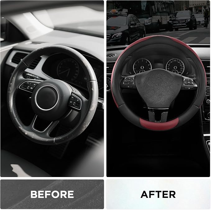 Road Comforts Steering Wheel Cover, Breathable Anti-Slip Leather Steering Wheel Cover, Universal Fit 14.5–15 Inch, Comfortable Grip - Redwine Color
