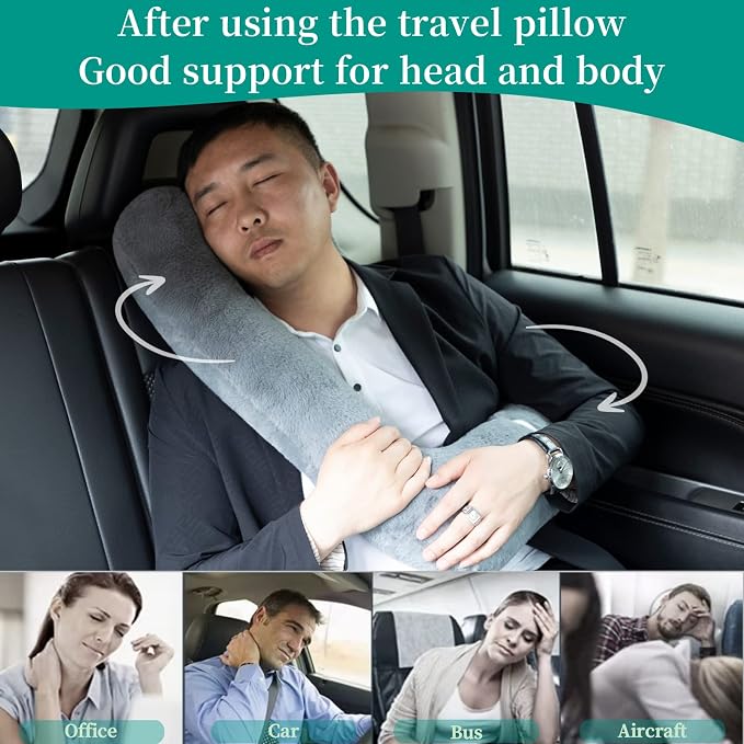 FHSGGP Travel Pillow Upgraded Version of Aircraft Travel Neck Pillow | With Storage bag, Sleep Pillows for Travel by Train, Car, or Plane, Supporting the Head and Body, Travel Pillow for Kids Grey