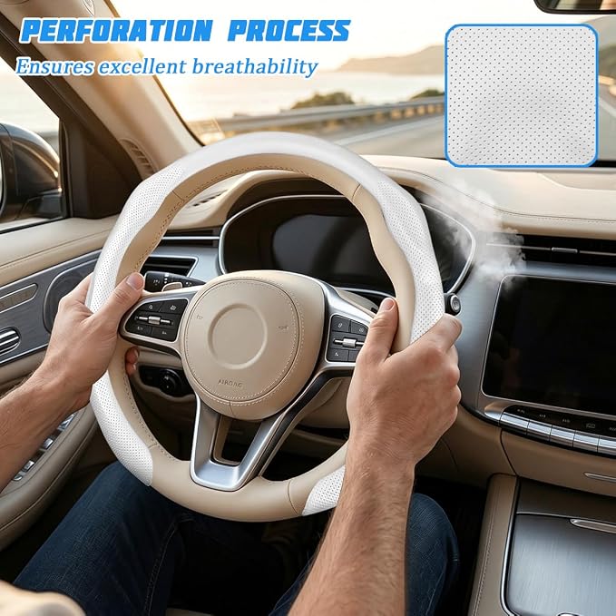 Car Steering Wheel Cover, Comfortable Grip Non-Slip Breathable Vehicle Steering Wheel Protector, Automotive Interior Decoration Accessories, Universal Fit (White)