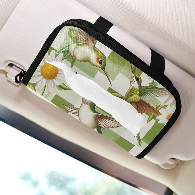 Car Visor Tissue Holder Mask Holder for Car, Car Tissue Box Sun Visor Napkin Holder Car Visor Accessories Adjustable Straps Reusable Durable Easy to Install Checkered Green and White Hummingb