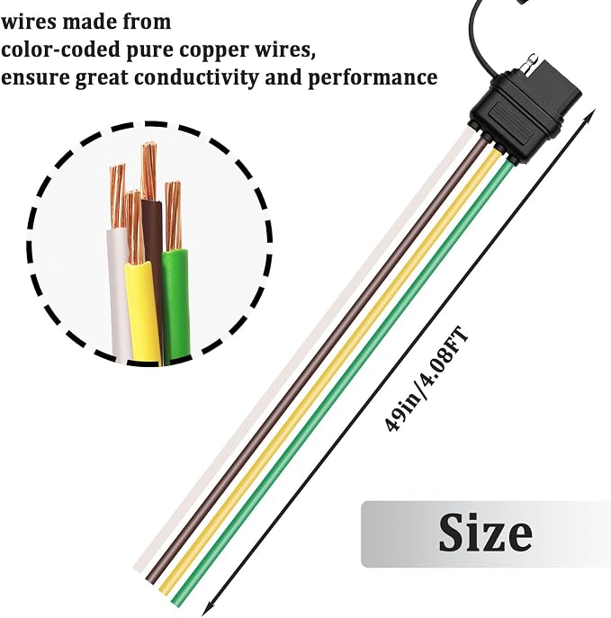 4-Way Flat Trailer End Connector 49 Inch,4 Pin Trailer Wiring Harness,4 Pin Female Truck Connector with Dust Cover P-081