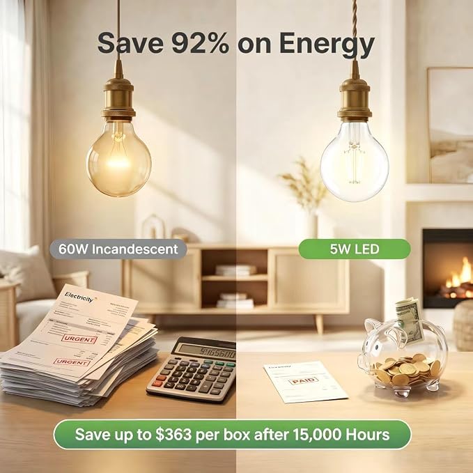 G25 LED Globe Light Bulbs, 60W Equivalent 500 Lumens, E26 Base Dimmable 2700K Soft Warm White, CRI 90+ Edison Vanity Light Bulbs for Bathroom Mirror, Bedroom, Kitchen, Clear Glass, 6 Pack