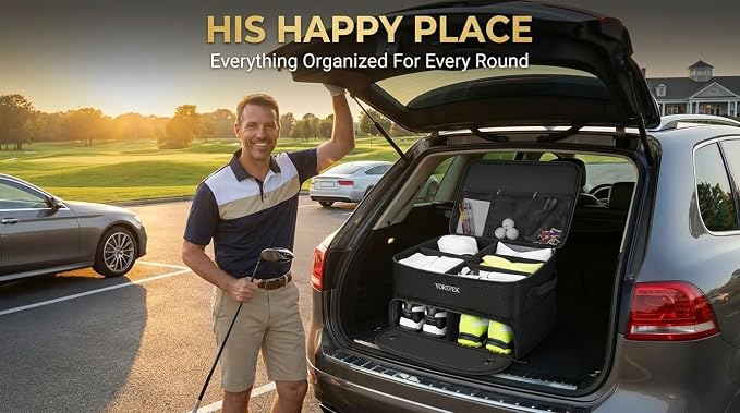 YOREPEK Golf Gifts for Men, 2 Layer Golf Trunk Organizer for 2 Pair Shoes | Waterproof Car Trunk Locker with Separate Ventilated Compartment for Balls, Tees, Clothes, Gloves, Birthday Gifts for Golfers