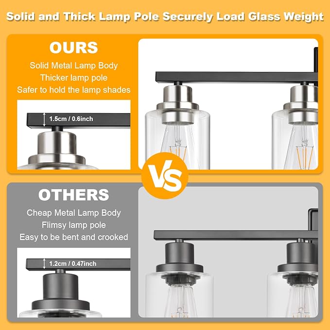 Unicozin Modern Bathroom Light Fixtures, 4 Light Vanity Lights Over Mirror, Black and Brushed Nickel Wall Lamp with Clear Glass for Living Room Cabinet Bedroom Porch