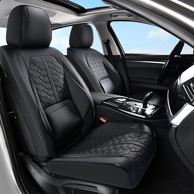 Huidasource Front Seat Covers Universal Fit for Most Cars SUV Trucks, 360° Full Wrap Leather Car Seat Cushion Covers, Pure Black