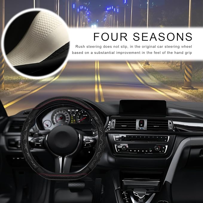 Car Steering Wheel Cover, 15 Inches Leather Comfy Grip Steering Wheel Protector with 3D Honeycomb, Anti-Slip D-Shaped Wheel Wrap Cover for Most Vehicles, Car Accessories (Black)