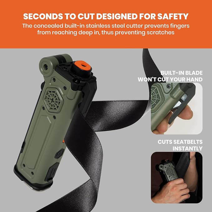 8-in-1 Car Emergency Escape Tool with Spring-Loaded Window Breaker | Seat Belt Cutter, Magnetic Work Light, Emergency Flashlight & Power Bank for Roadside Emergencies, Camping & Daily Driving