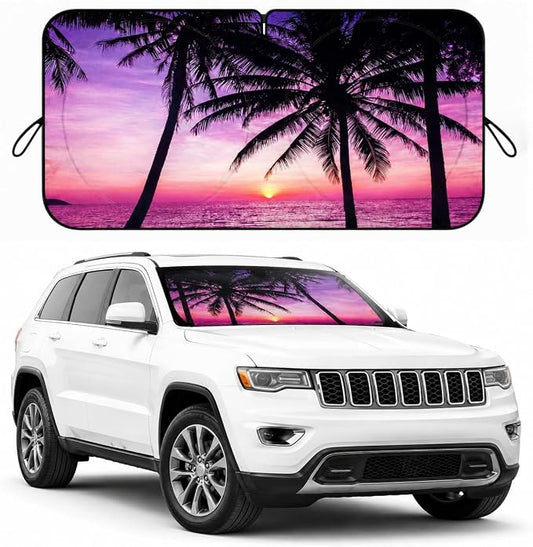 Car Windshield Sun Shade, Universal Fit Midsized Sedan SUV, Vacation Style | 63 x 31.5" Windshield Cover, Foldable Front Window Sunshade, UV Heat Protection