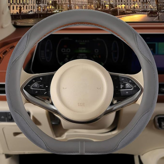 Nappa Leather Grey D Shaped Steering Wheel Cover 14 inch | Non-Slip Breathable Ice Silk Fabric, Warm in Winter and Cool in Summer, Small 13.5 inch to 14 inch for Prius Civic