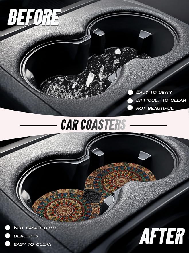 Car Cup Coasters,2 Pack Car Coaster,2.75inch Anti Slip and Absorbent Cars Coasters for Cup Holders,Neopren Accessories for Women,Cute Decor for Women (Bohemia)