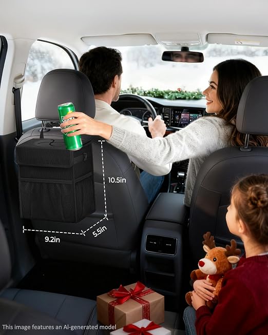 Corduroy Car Trash Can with Lid and Mesh Pockets - Leakproof Organizer,Multipurpose Waterproof Garbage Can/Trash Bin for Car(Black-2 Gallons)