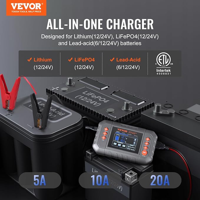 VEVOR Smart Battery Charger, 20-Amp, Lithium LiFePO4 Lead-Acid (AGM/Gel/SLA) Car Battery Charger with LCD Display, Trickle Charger Maintainer Desulfator for Boat Motorcycle Lawn Mower Deep Cycle