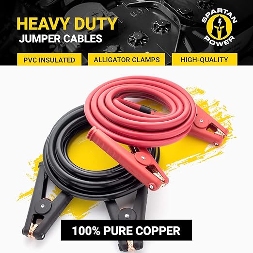 Spartan Power Heavy Duty Jumper Cables with Alligator Clips, 100% Pure Copper Wire, Positive & Negative Leads Battery Cable, Made in The USA - 1/0 AWG Gauge Cable, 20 ft