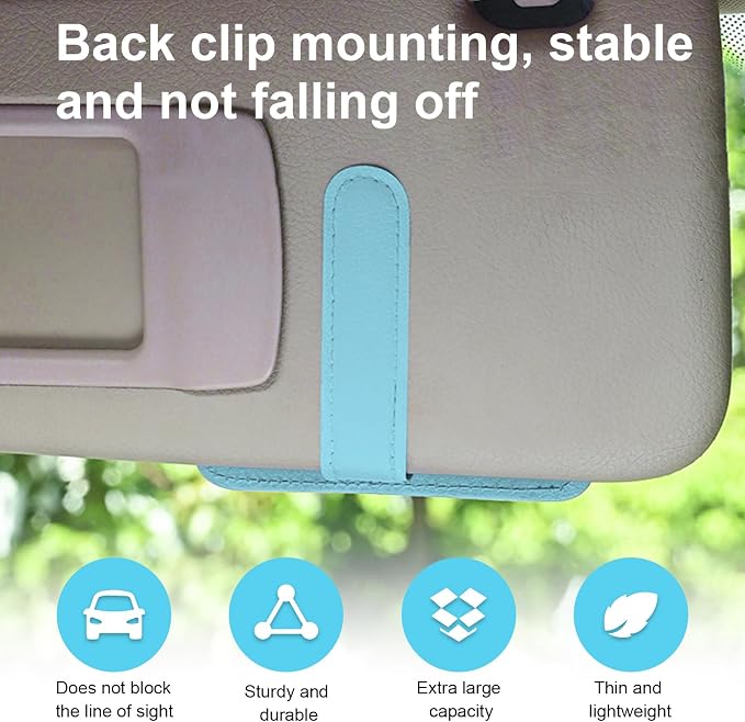 Dickno 2PCS Small Leather Car Sun Visor Organizer, Multifunctional Auto Visor Document Holder with Sunglasses Clip, Universal Car Interior Organizer for Drving License, Card, Pen (Blue)