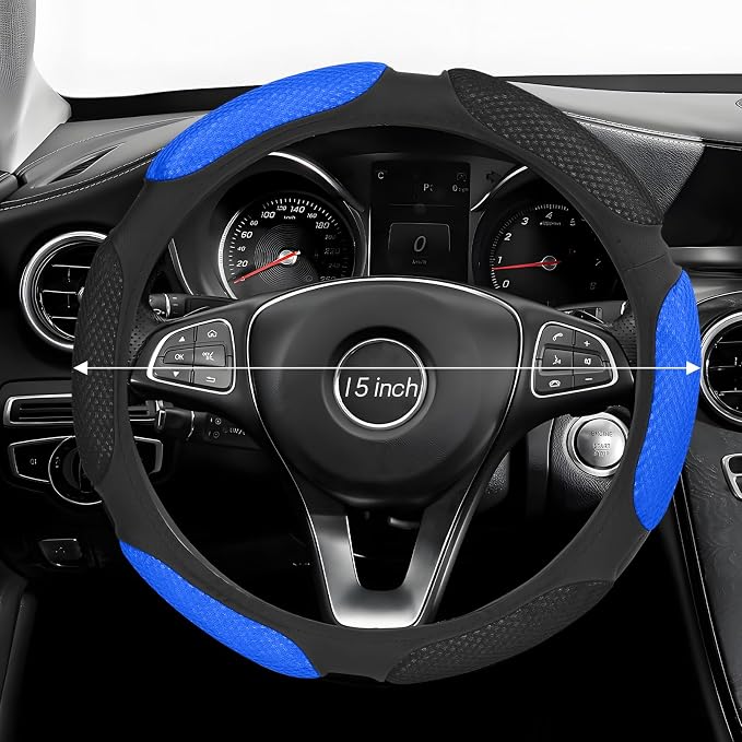 Wuyaoyao Car Steering Wheel Cover, 15 Inch PU Leather Anti-Slip Steering Wheel Covers Protector with Soft Hand Pad Cushion, Breathable & Comfortable, Universal Interior Car Accessories (Black+Blue)
