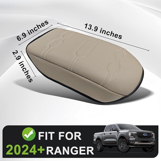 Muslogy Center Console Armrest Cover Fit for Ford Ranger 2024 2025 2026 Accessories, Comfort Armrest Pad Console Lid Cushion Vegan Leather Regular Thick (Sandstone)