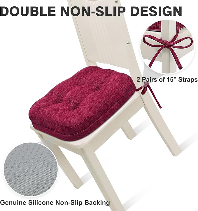 Shinnwa Dining Chair Cushions Set of 4, Dual-Layer Memory Foam Kitchen Chair Cushions, Patented Design Seat Pads with Ties, 16.5 x 16.5 x 3.5in, 4 Pack, Burgundy