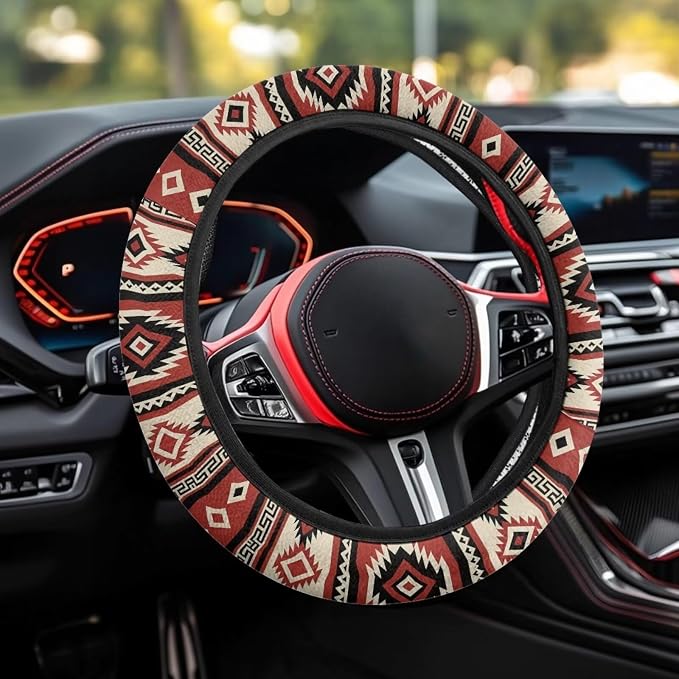 Wanyint Car Steering Wheel Cover Universal Fit SUV Truck Van, Anti-Skid Soft Stretchy All Weather Protection Auto Decor Accessories, Southwest Aztec Red Beige