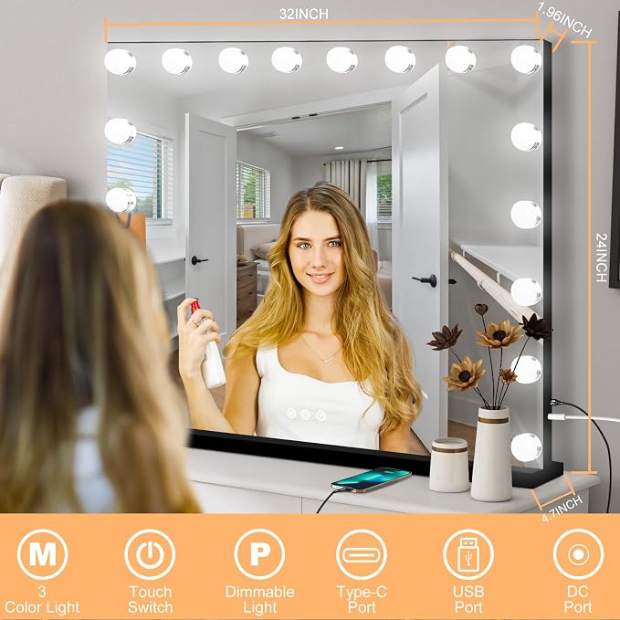 Moonee Vanity Mirror with Lights, Black Hollywood Lighted Makeup Mirror with 18 Dimmable Bulbs and 10X Magnification, 3 Colors Modes, Aluminum Metal Frame, Light Up Mirror for Tabletop/Wall（32" x 24"）