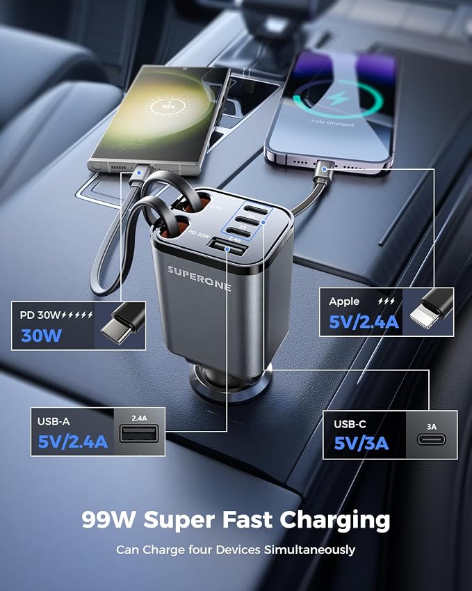 [Upgraded] 6 in 1 Retractable Car Charger, SUPERONE Smaller Fast Car Phone Charger 69W with Cord, USB C and iPhone Car Charger Adapter, Compatible iPhone 17/17 Pro Max/16/15/14/13/12/11, Sumsung