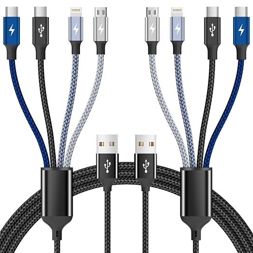 4 in 1 Multi Charging Cable, 2 Pack 6FT Charging Cords for Multiple Devices | USB C Car Charger Cable with Dual USB-C, IP & Micro Ports, Nylon Braided Travel Charging Cord for Multiple Devices