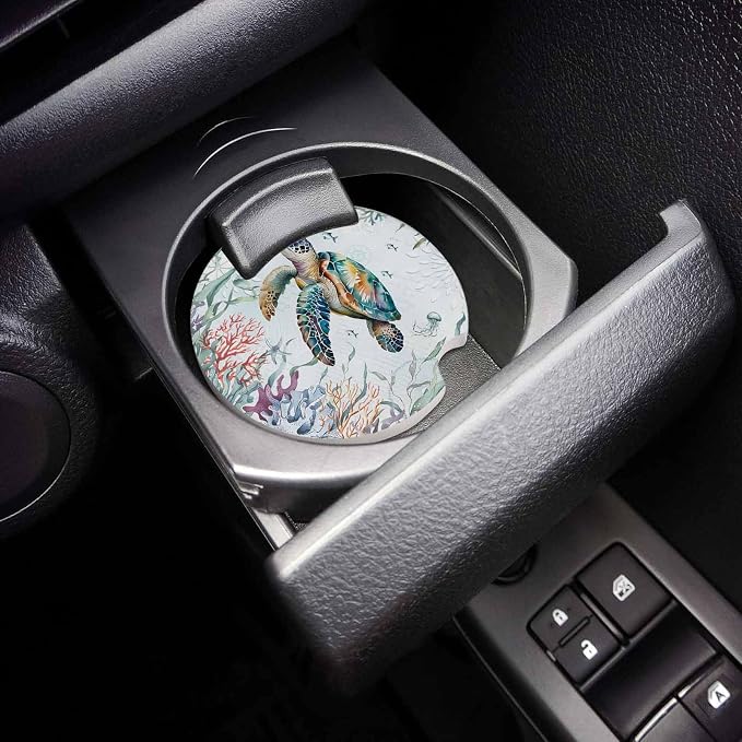 Small Car Coasters for Cup Holders 2.6" Dia Absorbent Set of 6 Interior Accessories for Women Men Summer Ocean Sea Turtle Ceramic Coaster for Drinks With Finger Grooves