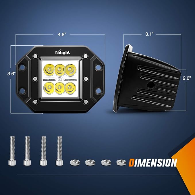 Nilight - NI23C-18W 2PCS 18W Spot LED Work Light Driving Lights Led Light Bar Off Road Led Lights Flush Mount for Truck Tacoma Bumper ATV UTV