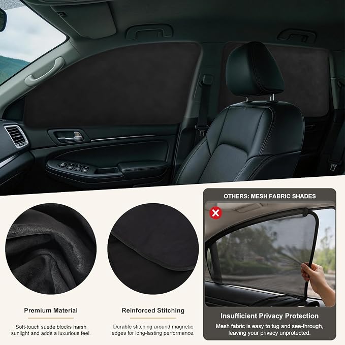 XCBYT Magnetic Car Side Window Shades, 100% Blackout Soft Suede, 4 Pack | Heat & UV protection, Privacy for camping, baby sleep, work break, road trip. Fits steel frames only, measure size before buy