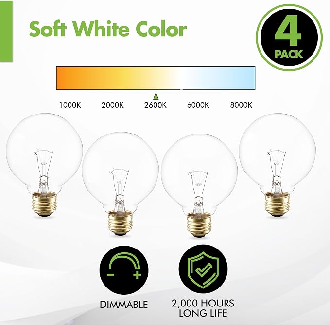 (4 Pack) G25 Globe Light Bulbs – 25W Incandescent, 2700K Soft White, E26 Base, Dimmable – Crystal Clear Vanity Bulbs for Bathroom, Mirror, Pendant Fixtures