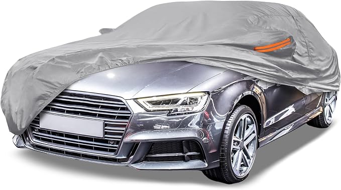 Silver Tone Heavy Duty Waterproof Car Cover for Sedan 179"-185" - All-Weather UV Protected Outdoor Full Exterior Cover with Sun/Snow/Rain Resistance