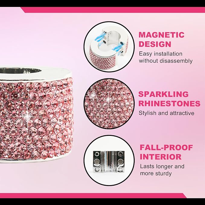 Rislobx 2PCS Magnetic Car Headrest Collars, Rhinestone Car Head Rest Collars Rings Decor, Bling Car Accessories for Women, Interior Decor Car SUV Truck (Pink)