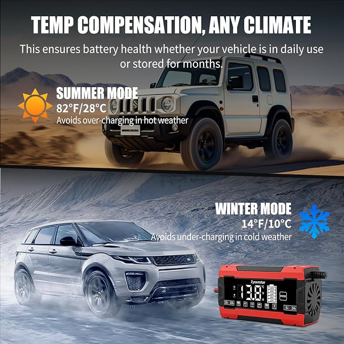 Battery Charger 10 AMP, 12V/24V LiFePO4 Lead Acid Car Battery Pulse Repair Charger, Smart 10-Stage Maintainer & Trickle Charger w/Temp Compensation