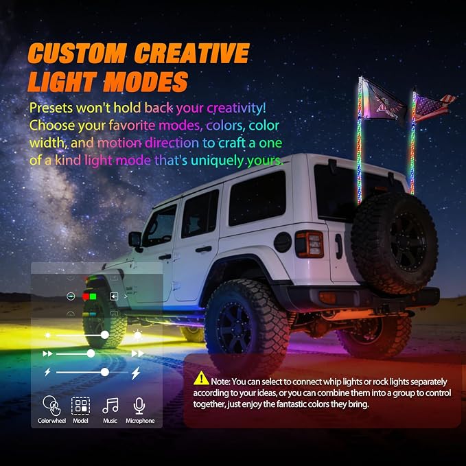 Nilight 2PCS 4FT RGB LED Whip Light with Spring Base and 8 PCS Rock Lights Combo, Remote App Control w/DIY Chasing Patterns Turn Signal Brake Reverse Antenna Lighted Whips for ATV UTV Polaris RZR Jeep