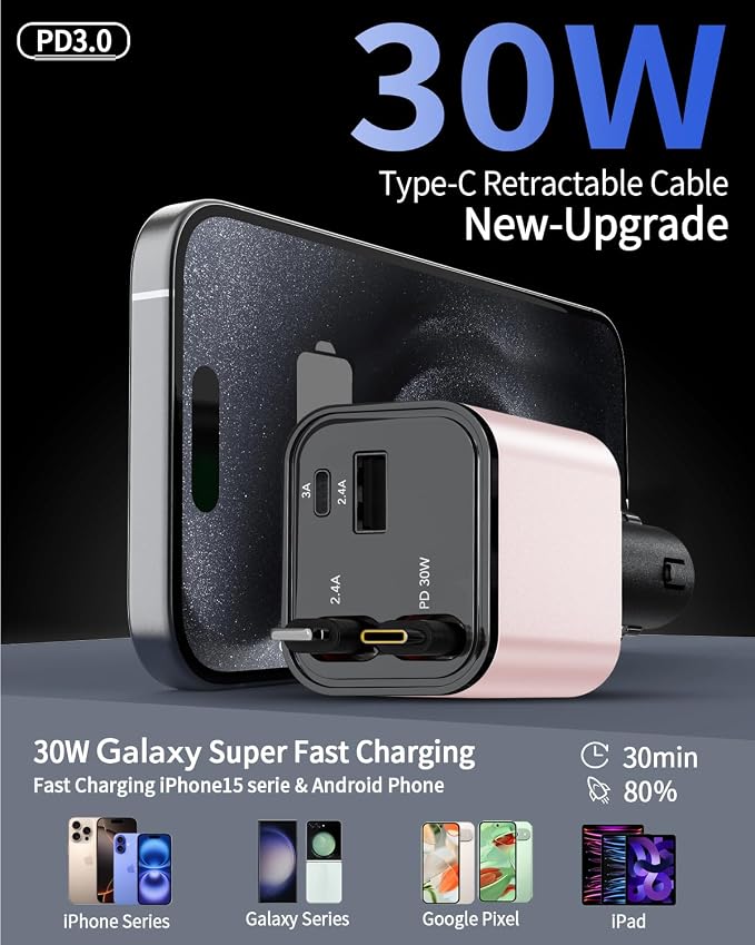 84W Retractable Car Charger,Car Phone Charger USB C Fast Charge for iPhone | EloBeth Car Charger,Cigarette Lighter USB Charger Car Accessories,Road Trip Essentials Gift for Men,for iPhone 17/16,Galaxy