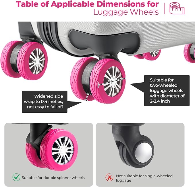 8Pcs Upgrade Luggage Wheel Covers, Travel Accessories (Hot Pink) | Wear-resistant & anti-noise silicone covers. Fits 2-2.4" wheels. Protects suitcase wheels. Travel essential for suitcases