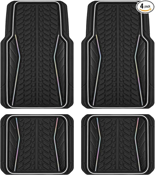 PIC AUTO Car Floor Mats, Black Aluminum-Molded with Full-Circle Iridescent Inlay Strip Car Mats, Universal-Fit Rubber Mats for Cars, Trucks & SUVs, All-Weather, Non-Slip, Easy-to-Clean Interior Mats