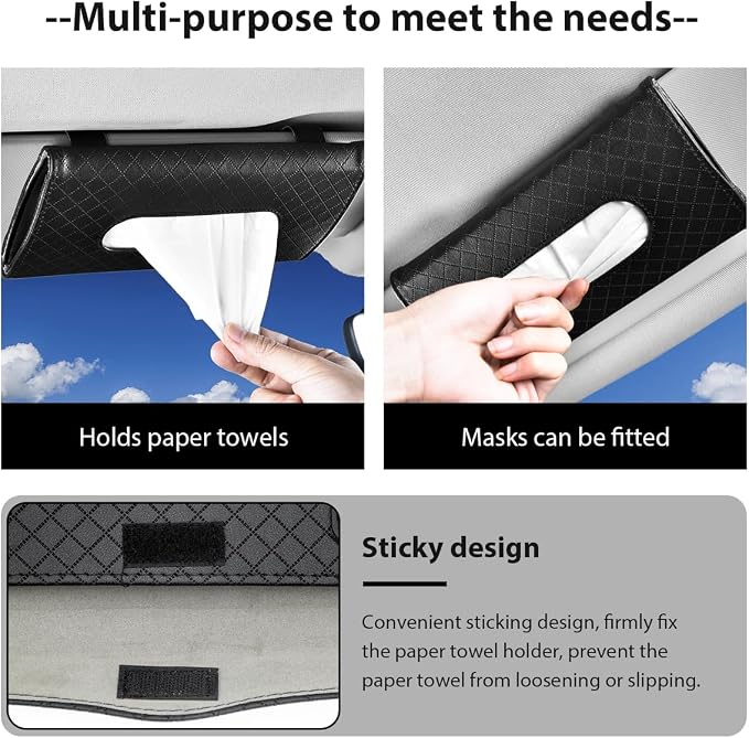 Car Tissue Holder, Leather Sun Visor Hanging Napkin Holder with Tissue Refill, Clip-On Visor Mask Dispenser Premium Paper Towels Case for Vehicles, Universal Car Accessories (Black)