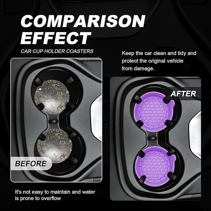 4-Pack Universal Cup Holder Coasters, Black Silicone Inserts - Keep Your Car Clean with Non-Slip & Spill-Proof Coasters for All Vehicles (Purple)