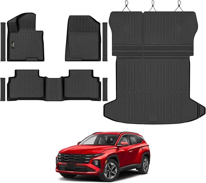 Floor Mats & Cargo Mat with Backrest Mat Custom for Hyundai Tucson 2022-2025 2026 Fuel (Not for Hybrid), Door Sill Guards, All Weather TPE Full Set Floor Liners Trunk Mat for Tucson Accessories