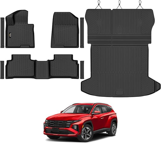 Floor Mats & Cargo Mat with Backrest Mat Custom for Hyundai Tucson 2022-2025 2026 Fuel (Not for Hybrid), Door Sill Guards, All Weather TPE Full Set Floor Liners Trunk Mat for Tucson Accessories