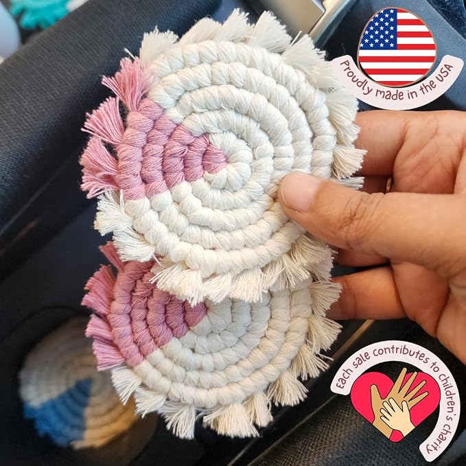 Cotton Car Coasters for Cup Holders, 2PC Car Cup Coasters, Drink Coaster Holder, Cute cupholder Coaster Accessories for Women, Macrame, Boho (Blush Blossom)