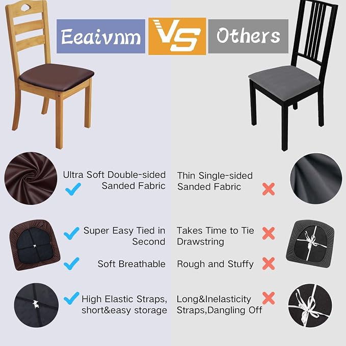 Leather Stretch Chair Seat Covers with Elastic Ties,Waterproof Dining Room PU Leather Chair Cover Seats,Removable Washable Chair Protector Seat Cushion Slipcovers for Home,Kitchen (Coffee, 4 PCS)