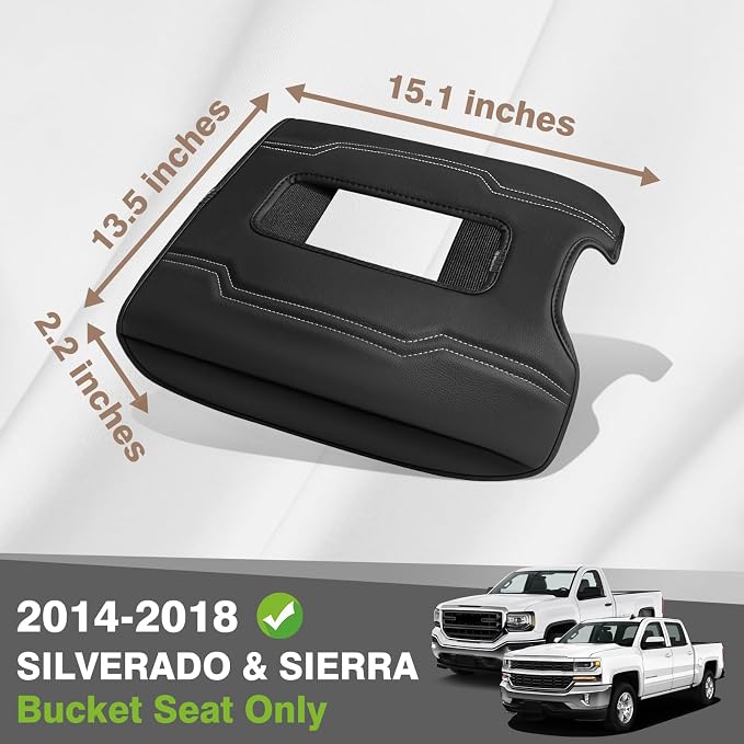 Muslogy Center Console Armrest Cover Fit for Chevy Silverado & GMC Sierra 1500 2500 3500 2014-2018, Tahoe/Yukon/Suburban 2015-2020, Comfort Armrest Pad Console Lid Cushion Regular Thick (Bucket Seat)