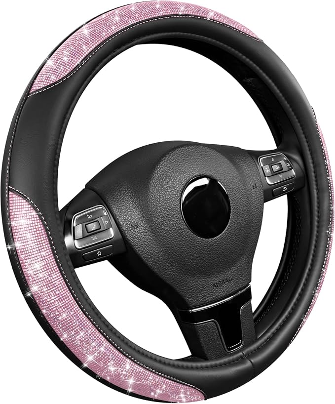 Road Comforts Pixel Glitter Steering Wheel Cover, 14.5–15 Inch Leather Steering Wheels Snug Fit, Anti-Slip Leather Grip, Elegant Sparkle Design, Universal Fit - Light Pink