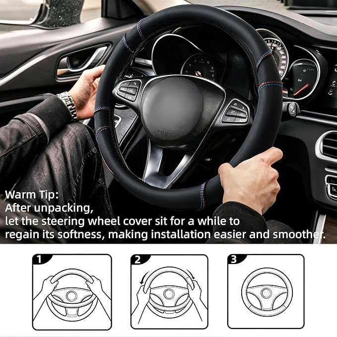 Microfiber Leather Steering Wheel Cover Universal 14.5-15 inch (Black) | Anti-Slip Lining, Breathable and Soft Material, Compatible with Most of Cars and Trucks