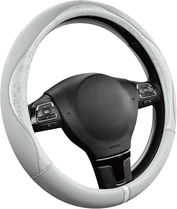 PIC AUTO Steering Wheel Cover, Silver Patterned Leather Patchwork Design, Universal Fit 14.5"–15.5", Anti-Slip, Odor-Free, Soft PU Grain Leather, Durable Grip Car Accessory for Girls & Women