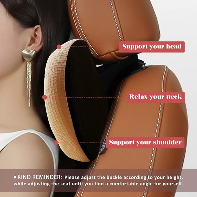 Super Comfy Car Headrest Pillow, Softness Car Pillow for Neck Pain Relief | Adjustable Strap, 100% Memory Foam & Breathable Removable Cover, Ergonomic Design - Universal Fit Car Neck Pillow(Beige, 1PC)