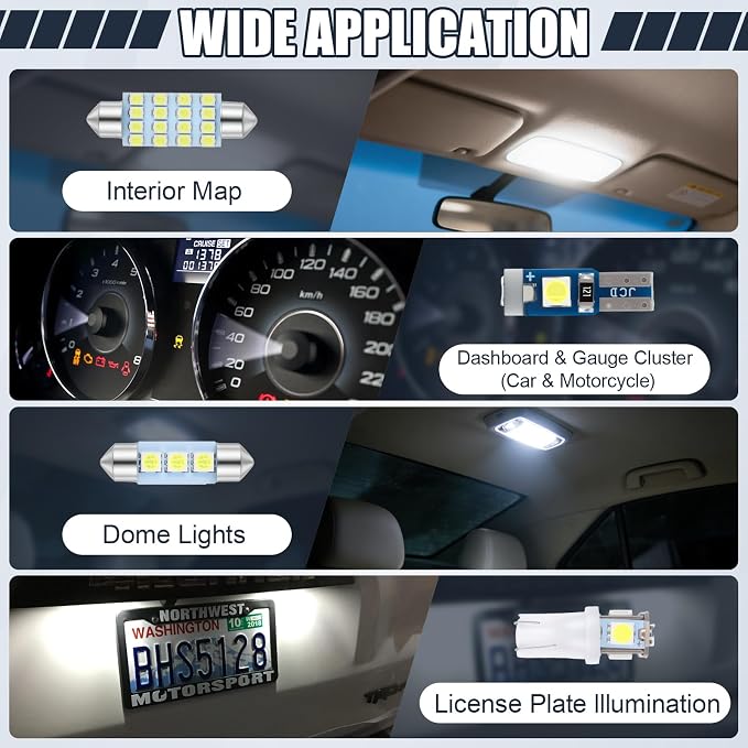 24PCS LED Interior Car Lights Kit - 42mm 36mm Festoon & T10 194 168 W5W T5 74 Canbus Error Free Super Bright 6000K White Dome Map Trunk License Plate Gauge Cluster Bulbs with Pry Tool