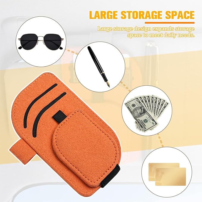 Car Sun Visor Organizer, Multi-Pocket Vehicle Sunglass Card Holder with Pen Slot, Automotive Interior Sunshade Glasses Storage Organizer, Universal Fit (Orange)